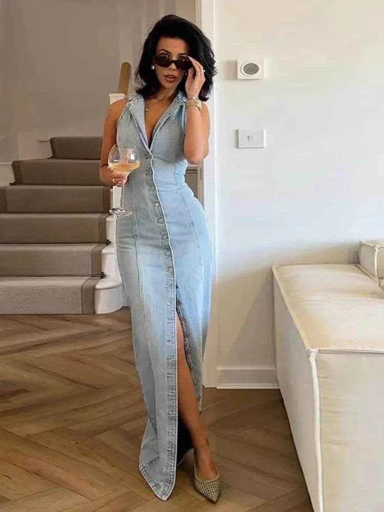 Denim Skinny Maxi Dress - Stylbelle