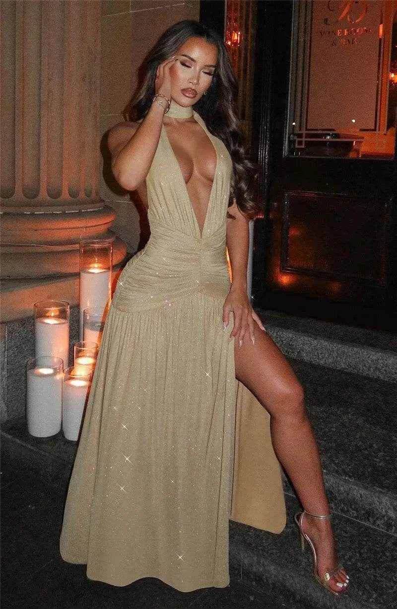 Glitter Halter Maxi Dress – Split & Backless Statement - Stylbelle