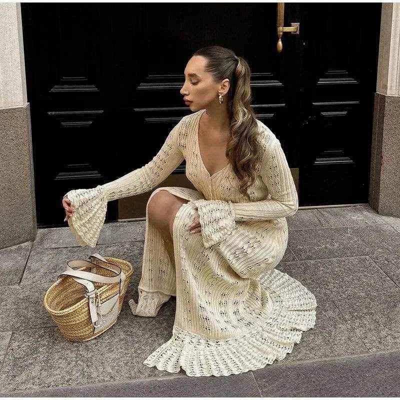 Elegant Knitted Hollow Out Long Dress - Stylbelle