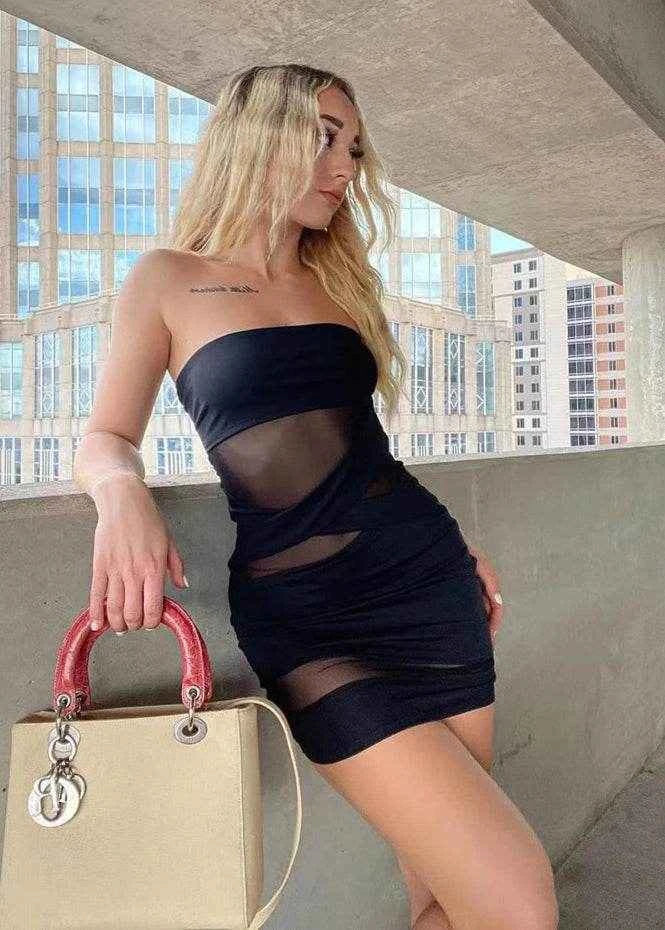 Patchwork Mesh Strapless Mini Dress - Stylbelle