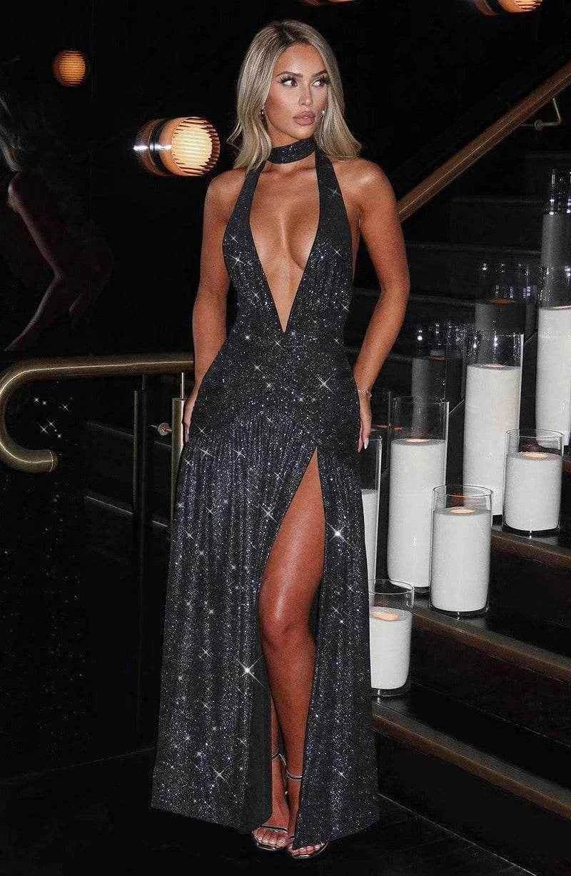 Glitter Halter Maxi Dress – Split & Backless Statement - Stylbelle