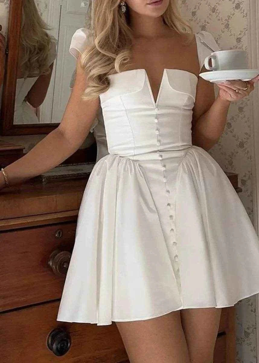 White V-Neck Cape Sleeve Mini Dress - Stylbelle
