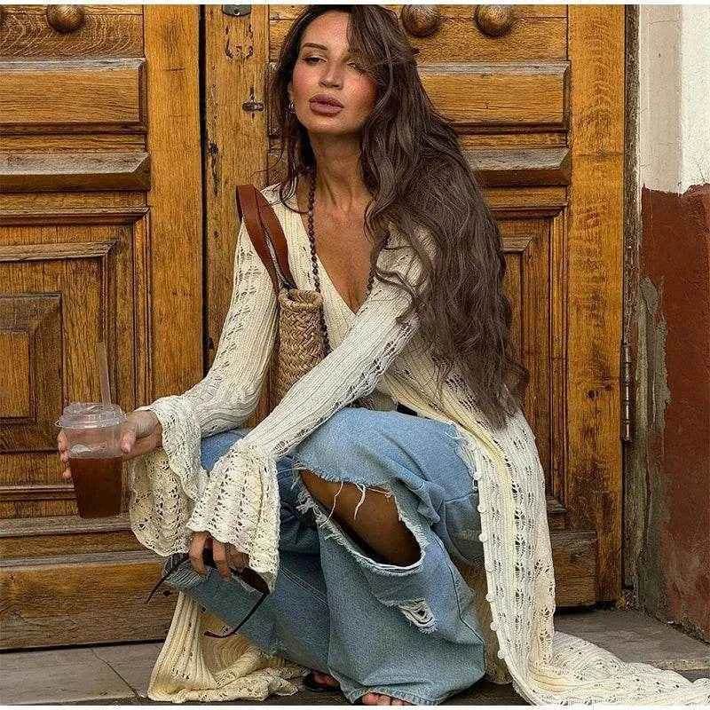 Elegant Knitted Hollow Out Long Dress - Stylbelle
