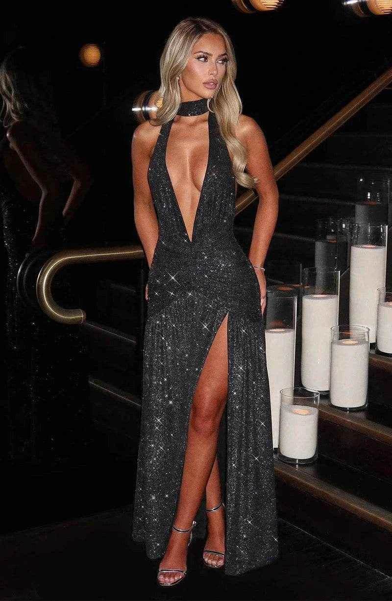 Glitter Halter Maxi Dress – Split & Backless Statement - Stylbelle
