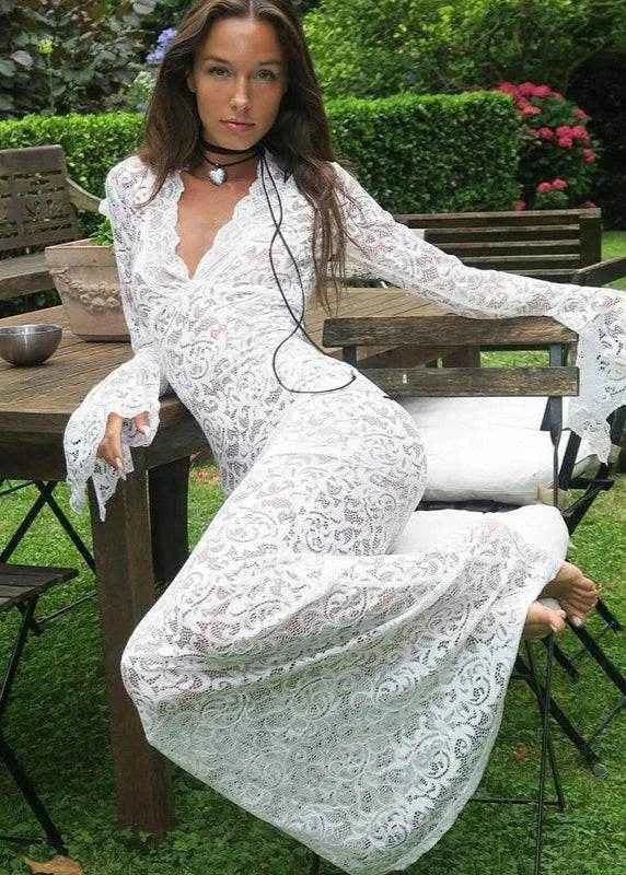 Sheer Elegance V-Neck Lace Maxi Dress - Stylbelle