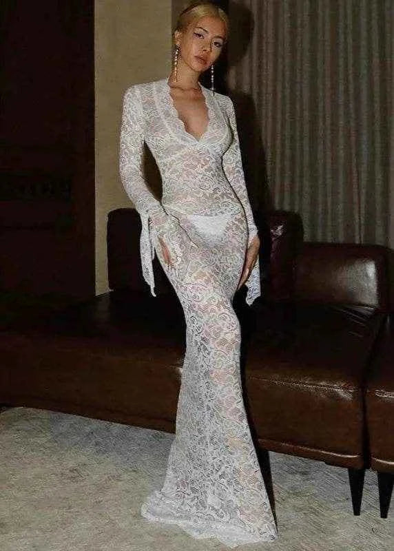 Sheer Elegance V-Neck Lace Maxi Dress - Stylbelle