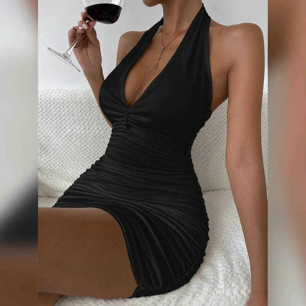 White Deep V Halter Mini Dress - Stylbelle