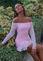 Pink Off-Shoulder Mesh Maxi Dress