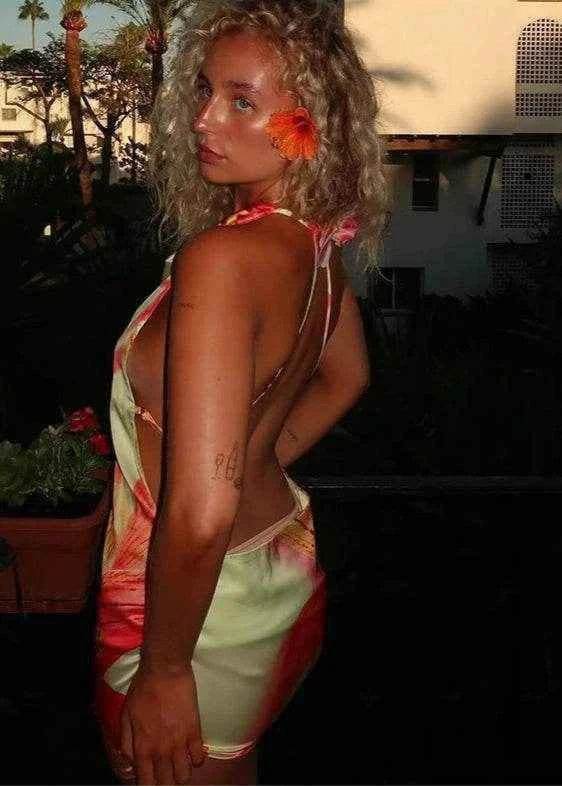 3D Floral Satin Halter Mini Dress - Stylbelle