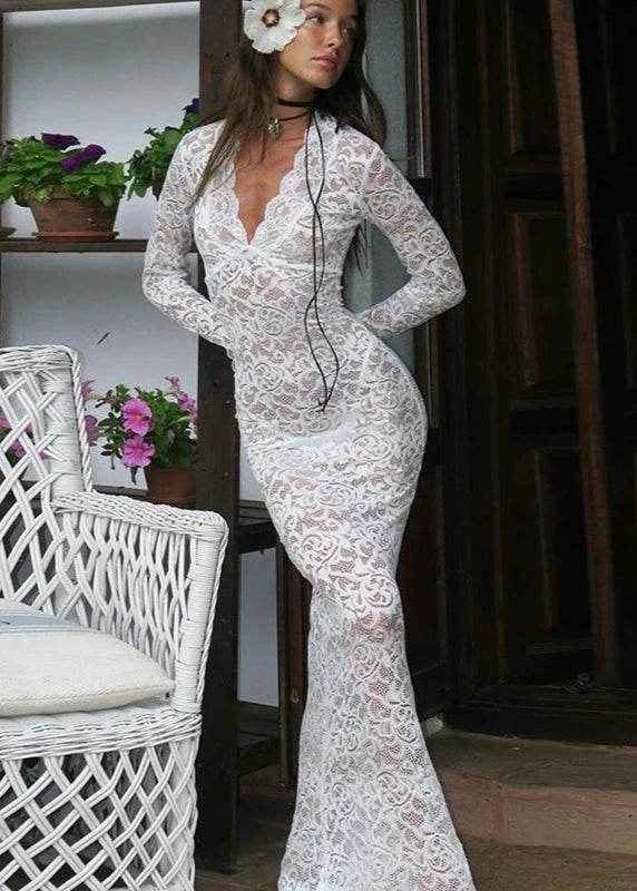 Sheer Elegance V-Neck Lace Maxi Dress - Stylbelle