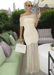 Off-Shoulder Ruched Mesh Maxi Dress
