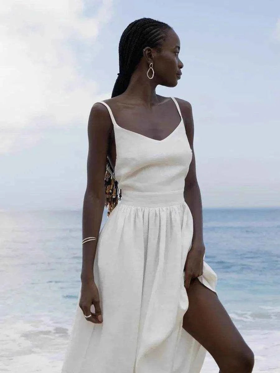 Vintage Cotton V-Neck A-Line Beach Dress - Stylbelle