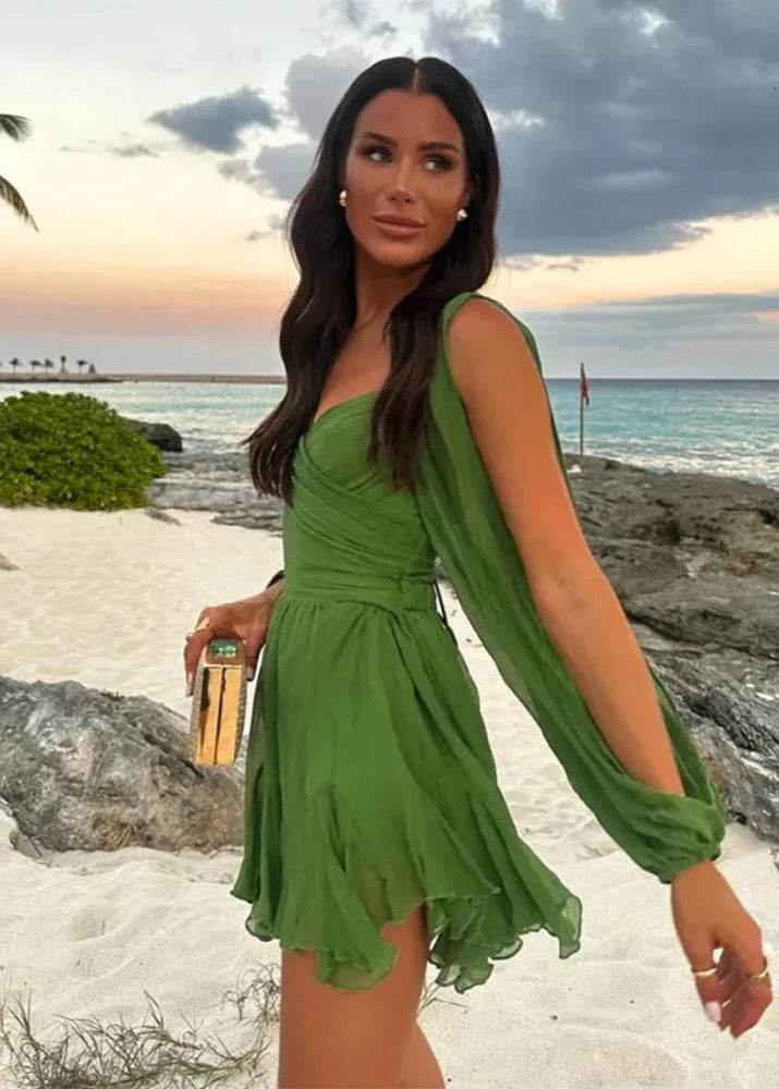 Elegant Green Pleated Mini Dress - Stylbelle