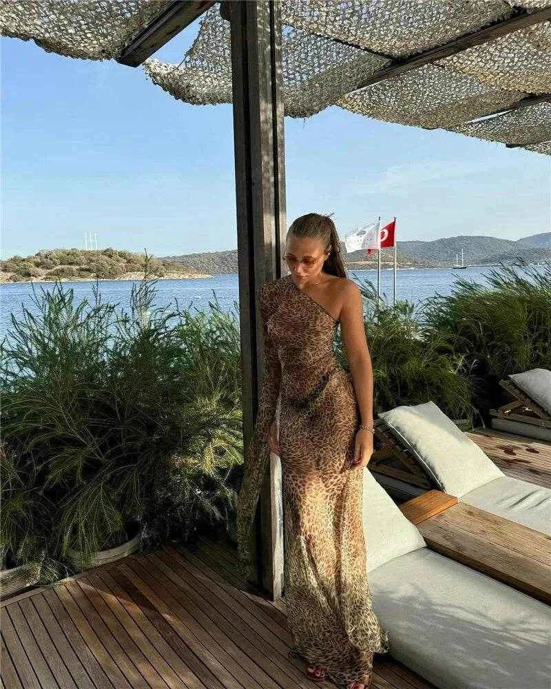 Leopard One-Shoulder Maxi Backless Vacation - Stylbelle