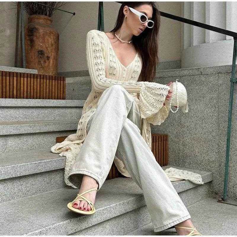 Elegant Knitted Hollow Out Long Dress - Stylbelle