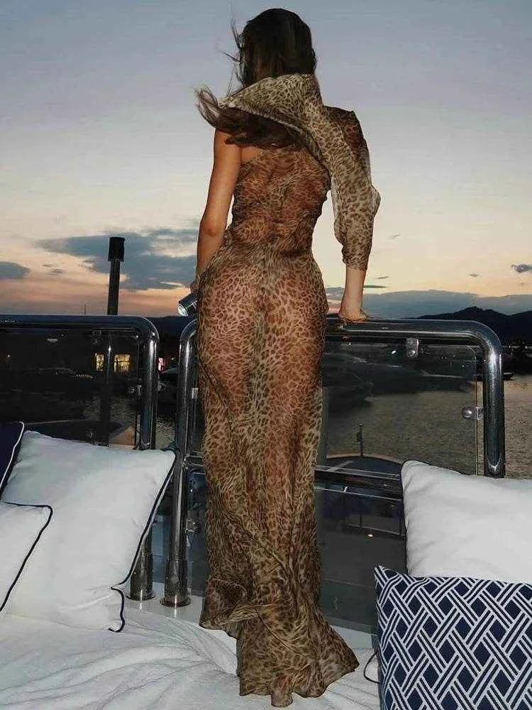 Leopard One-Shoulder Maxi Backless Vacation - Stylbelle