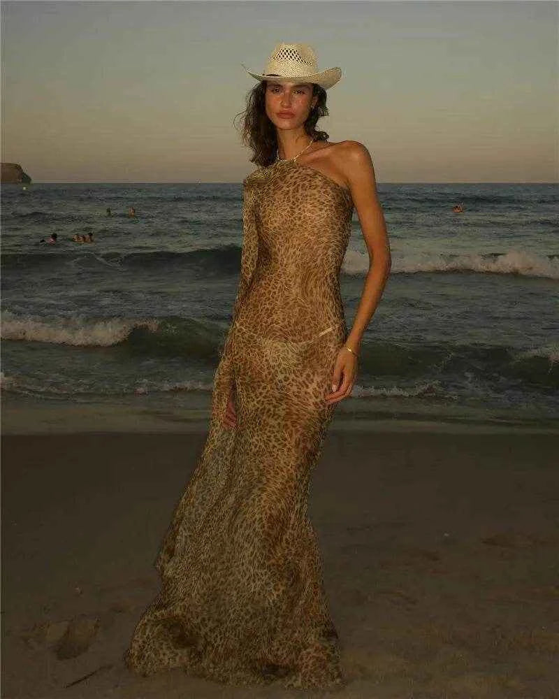 Leopard One-Shoulder Maxi Backless Vacation - Stylbelle