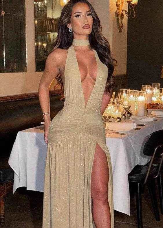 Glitter Halter Maxi Dress – Split & Backless Statement - Stylbelle