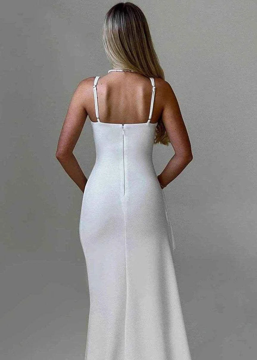 White Deep V Runway Dress – Leg Reveal Party Look - Stylbelle