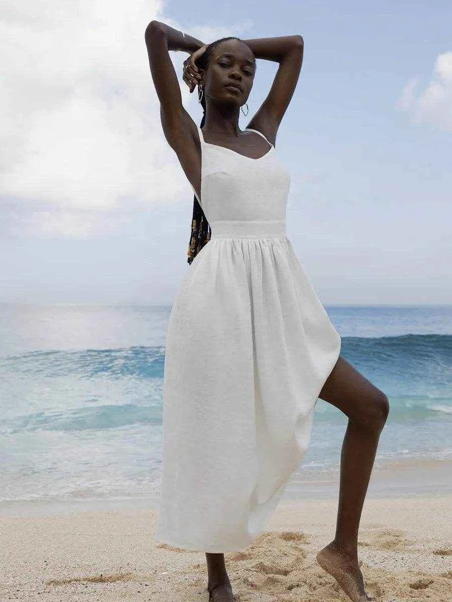 Vintage Cotton V-Neck A-Line Beach Dress - Stylbelle
