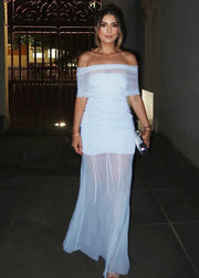 Off-Shoulder Ruched Mesh Maxi Dress