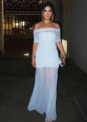 Off-Shoulder Ruched Mesh Maxi Dress