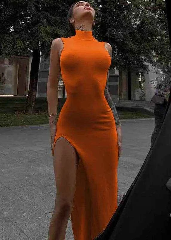 Orange Midi Bodycon Dress – Side Slit Vintage Style - Stylbelle