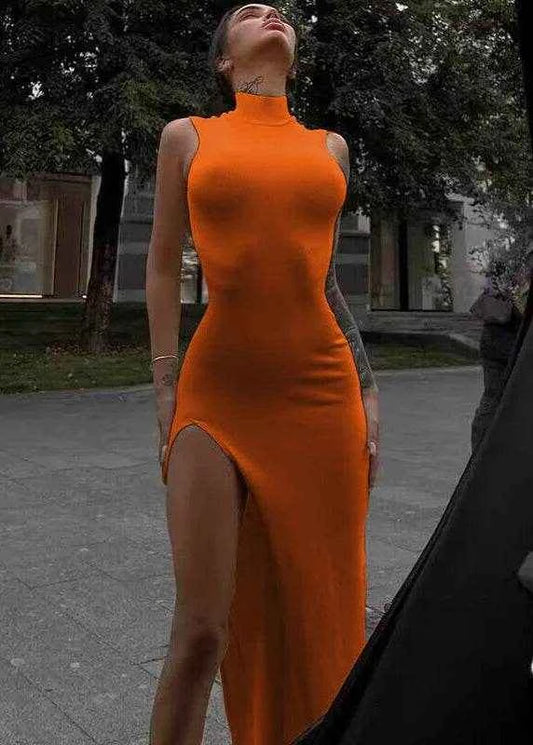 Orange Midi Bodycon Dress – Side Slit Vintage Style - Stylbelle
