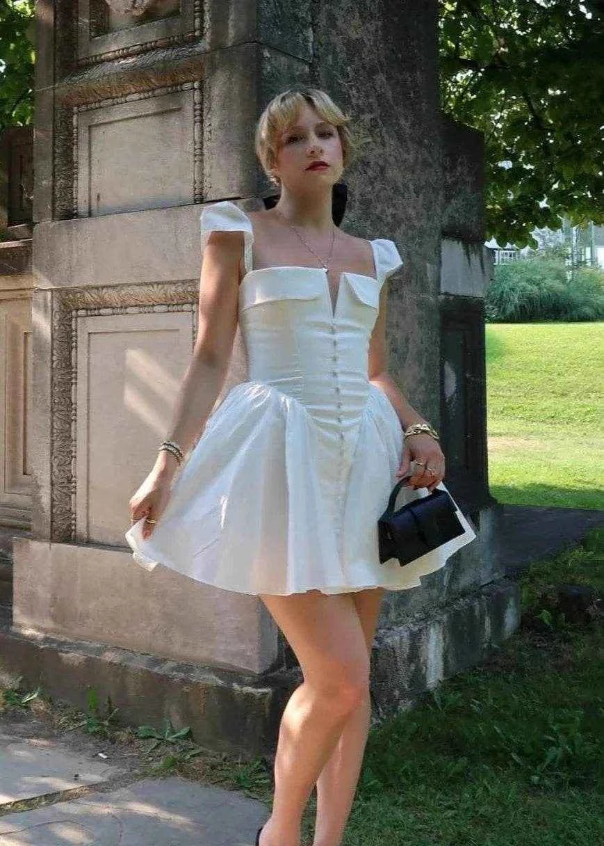White V-Neck Cape Sleeve Mini Dress - Stylbelle