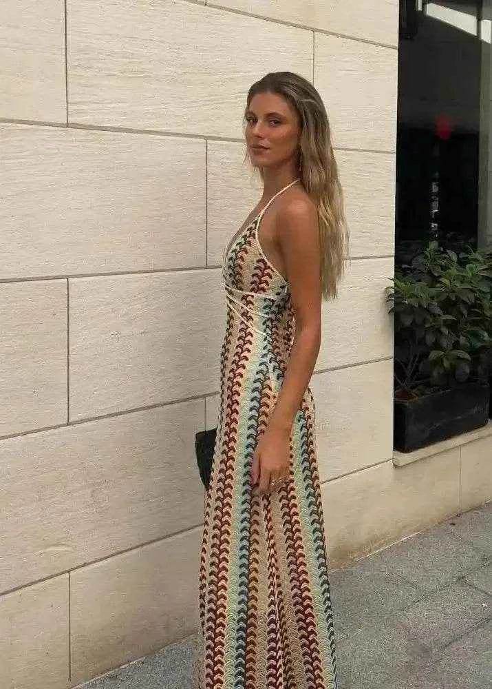 Colorful Printed Crochet Maxi Dress – Deep V Backless - Stylbelle