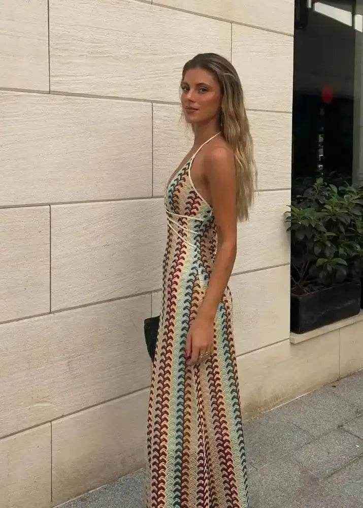 Colorful Printed Crochet Maxi Dress – Deep V Backless - Stylbelle