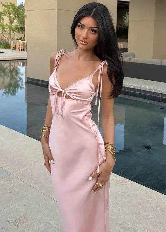 Elegant V-Neck Lace-Up Maxi Dress with Spaghetti Straps - Stylbelle