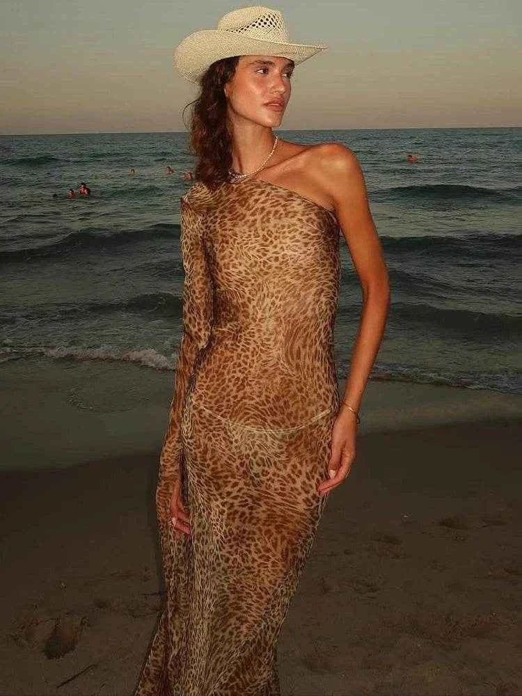 Leopard One-Shoulder Maxi Backless Vacation - Stylbelle