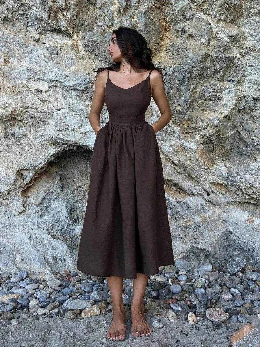 Vintage Cotton V-Neck A-Line Beach Dress - Stylbelle