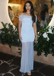 Off-Shoulder Ruched Mesh Maxi Dress