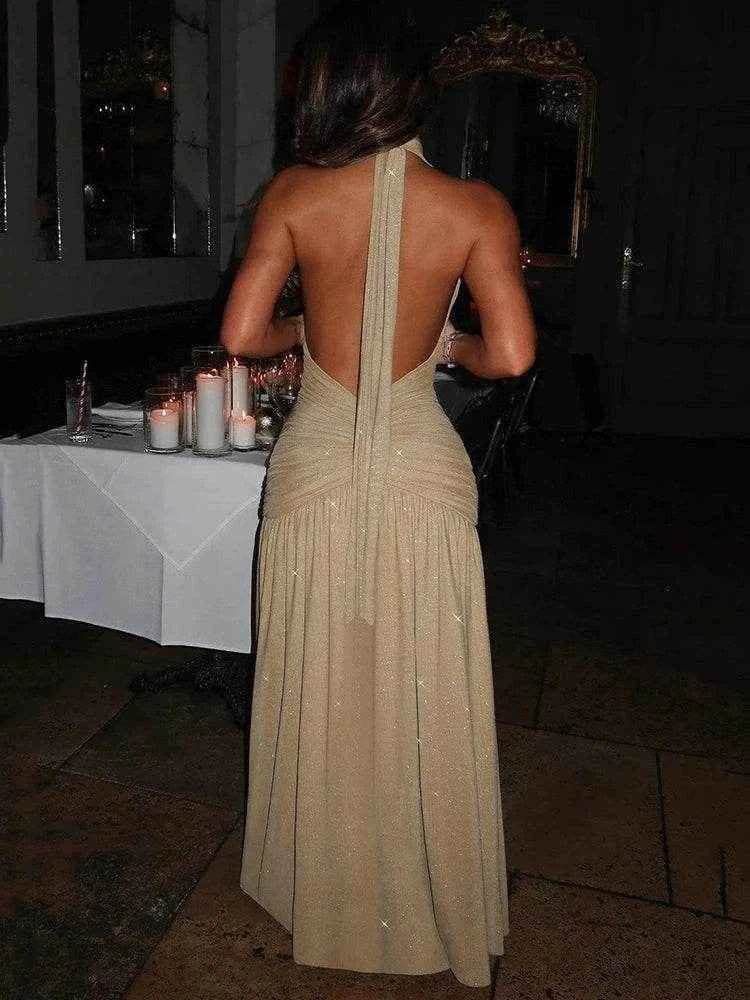 Glitter Halter Maxi Dress – Split & Backless Statement - Stylbelle