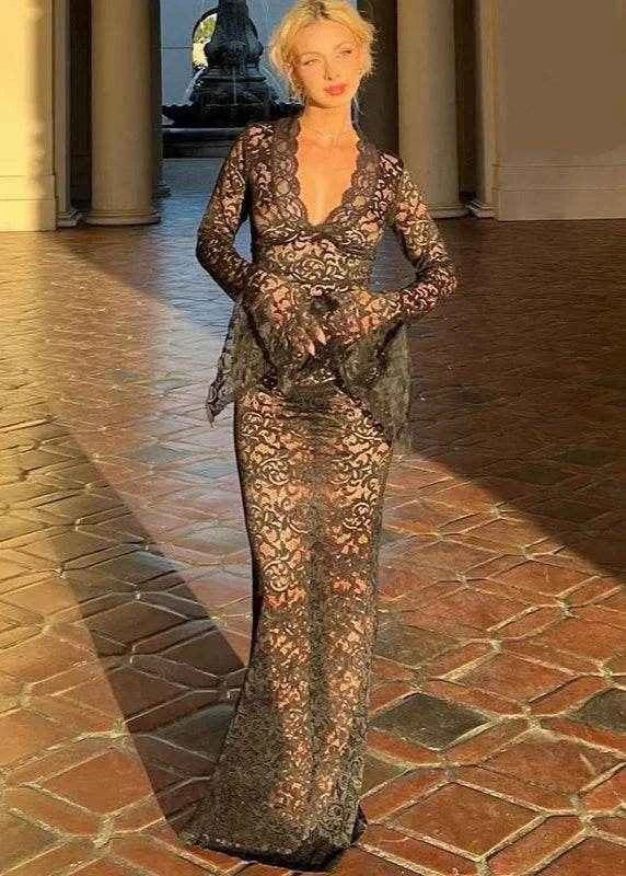 Sheer Elegance V-Neck Lace Maxi Dress - Stylbelle