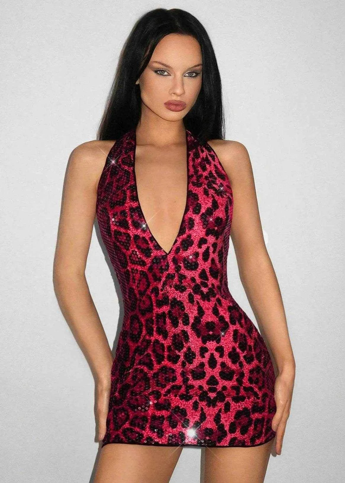 Leopard Beaded Halter Mini Dress Sexy Deep V - Stylbelle