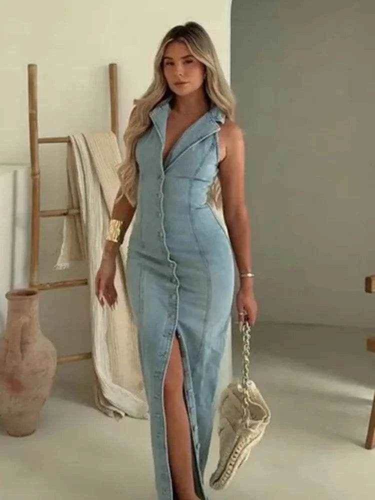 Denim Skinny Maxi Dress - Stylbelle