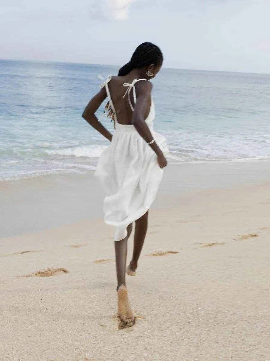 Vintage Cotton V-Neck A-Line Beach Dress - Stylbelle