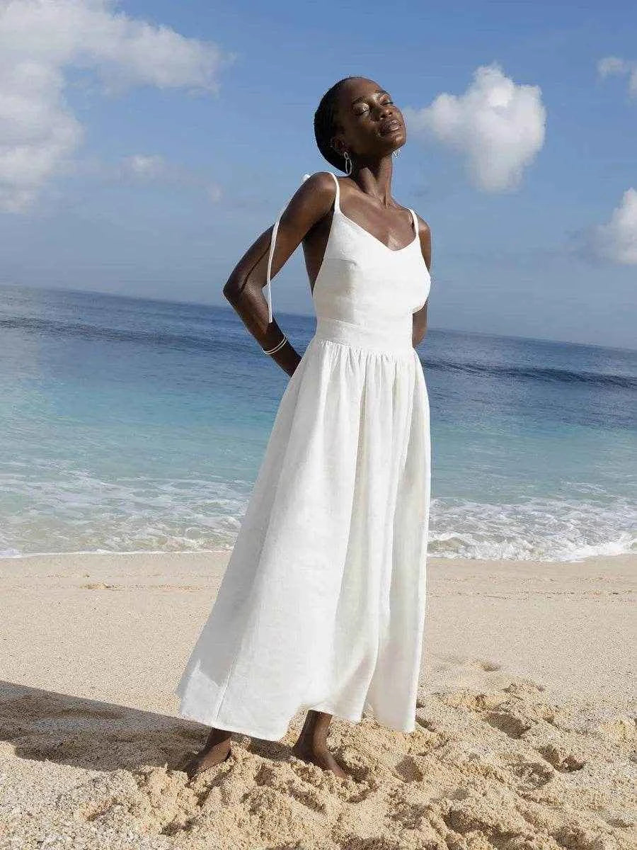 Vintage Cotton V-Neck A-Line Beach Dress - Stylbelle