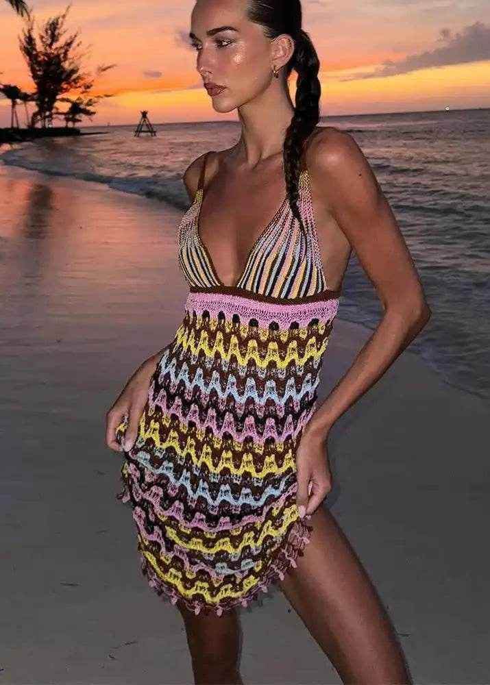 Colorful Printed Crochet Maxi Dress – Deep V Backless - Stylbelle