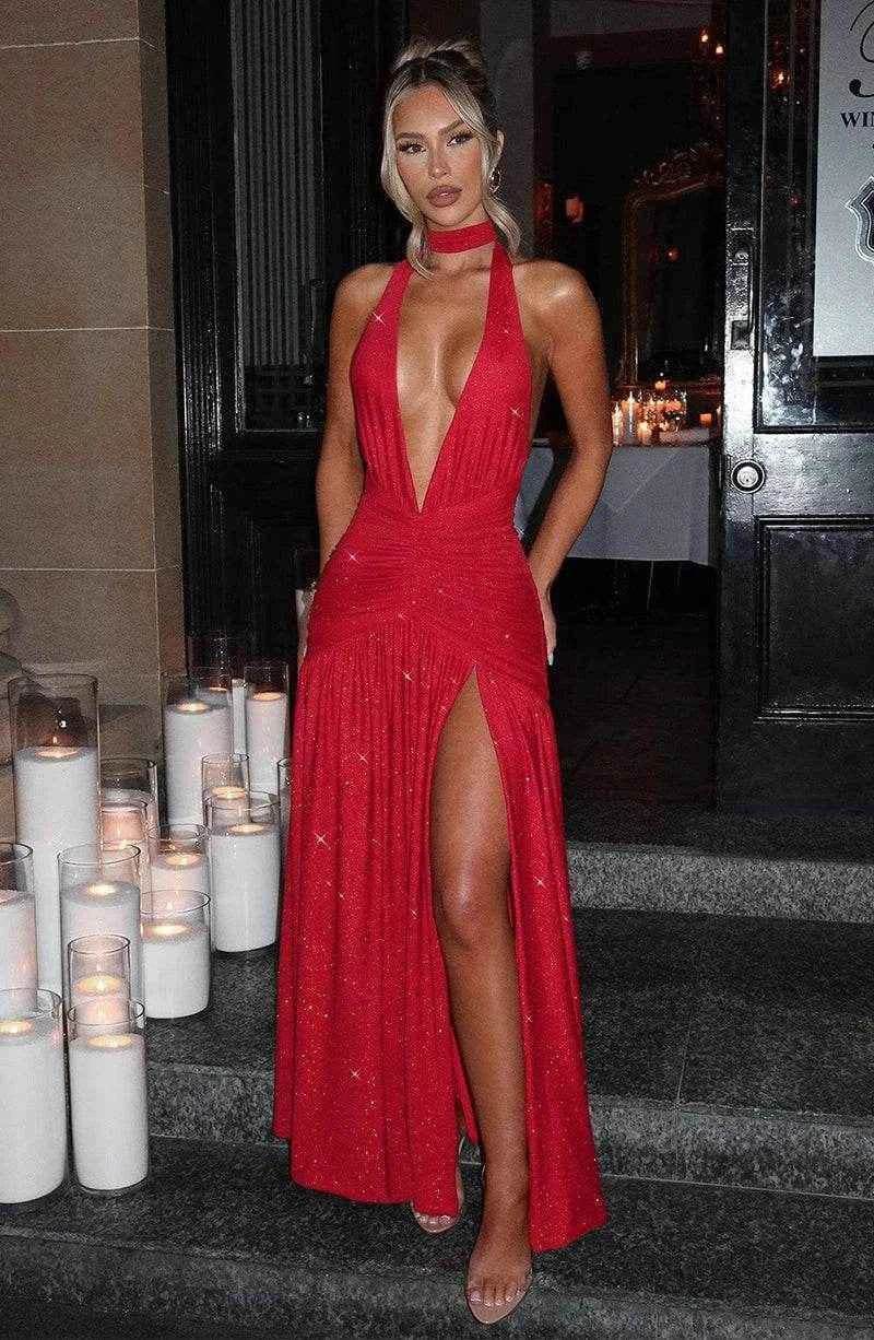 Glitter Halter Maxi Dress – Split & Backless Statement - Stylbelle