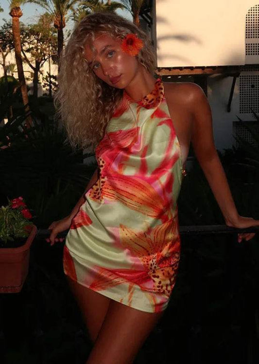 3D Floral Satin Halter Mini Dress - Stylbelle