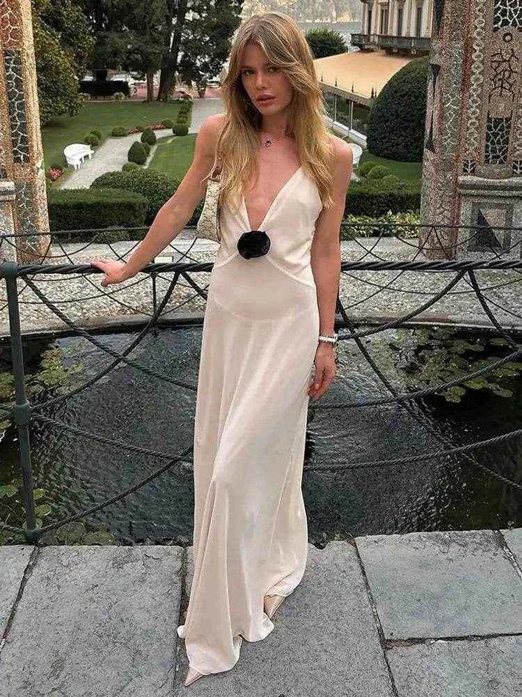 Flower Sheer Maxi Dress – Backless Club Elegance - Stylbelle