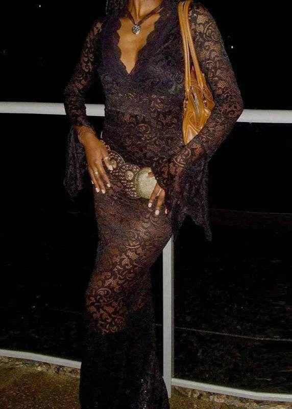 Sheer Elegance V-Neck Lace Maxi Dress - Stylbelle