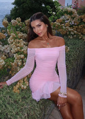 Pink Off-Shoulder Mesh Maxi Dress