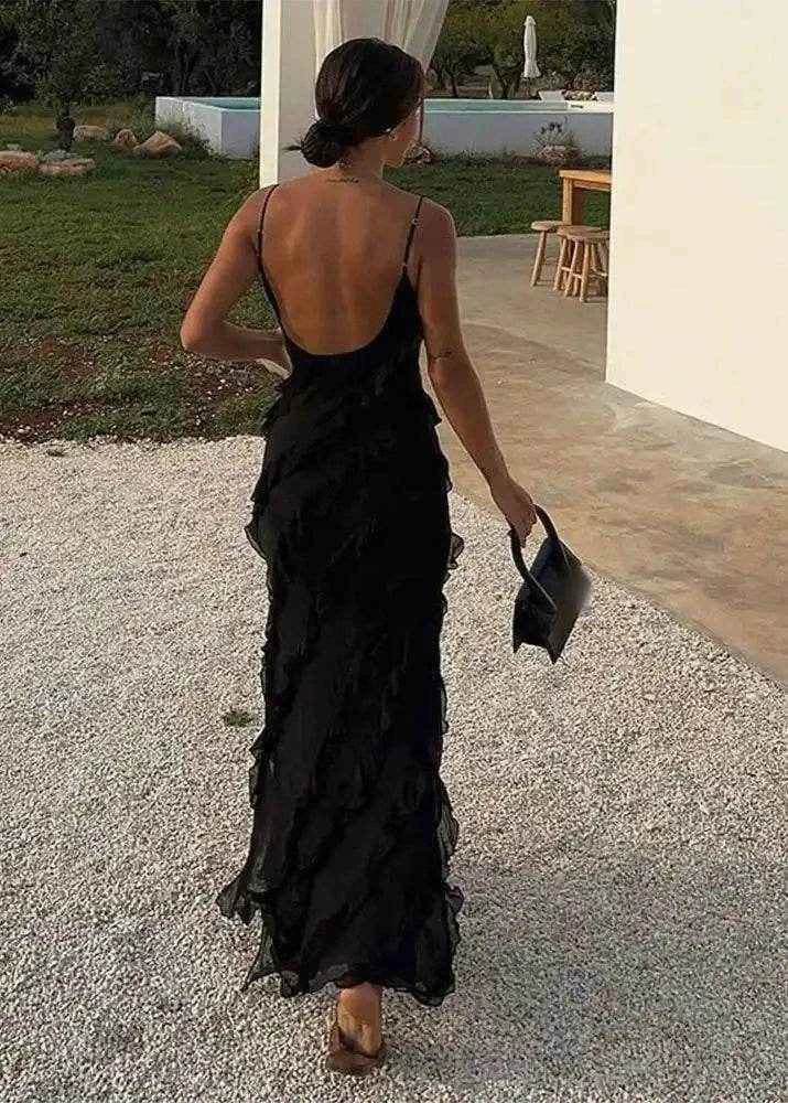 Black Ruffle Chiffon Dress – Vacation Party Fit - Stylbelle