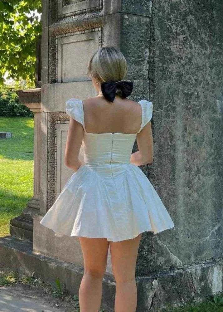 White V-Neck Cape Sleeve Mini Dress - Stylbelle