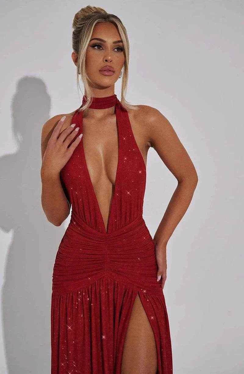 Glitter Halter Maxi Dress – Split & Backless Statement - Stylbelle